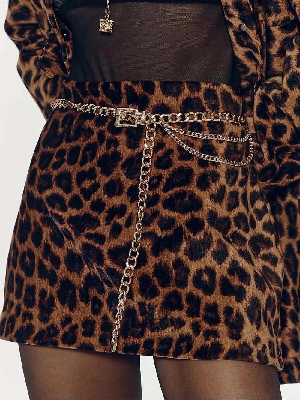 Avec Les Filles Leopard Print Mini Skirt with Gold Belt Detail